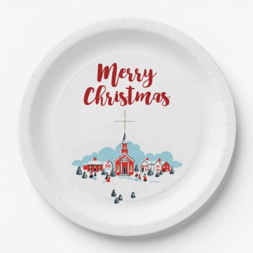 Winter Scene with a Red Church and Christmas Star Paper Plates