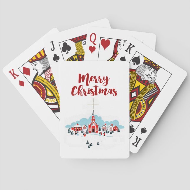 Winter Scene with a Red Church and Christmas Star Poker Cards (Back)