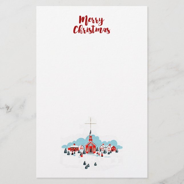 Winter Scene with a Red Church and Christmas Star Stationery (Front)