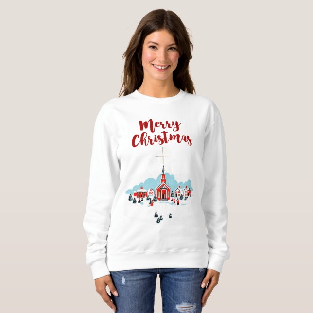 Winter Scene with a Red Church and Christmas Star Sweatshirt (Front Full)