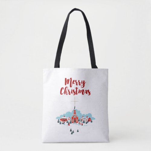 Winter Scene with a Red Church and Christmas Star Tote Bag