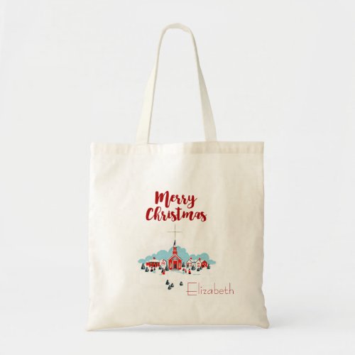 Winter Scene with a Red Church and Christmas Star Tote Bag