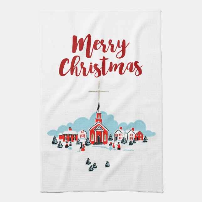 Winter Scene with a Red Church and Christmas Star Towel (Vertical)