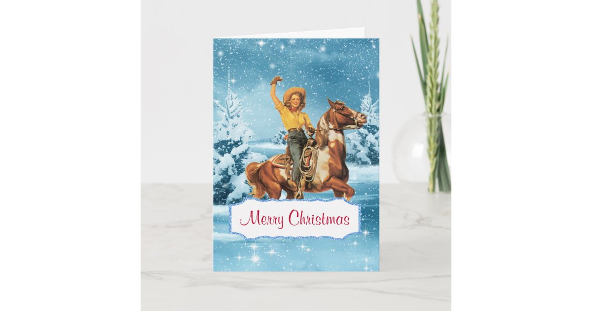 Winter Scene With Cowgirl And Horse Christmas Card Zazzle Com
