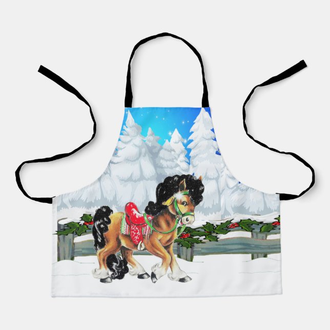 Winter Scene With Horse And Fence Merry Christmas  Apron (Front)