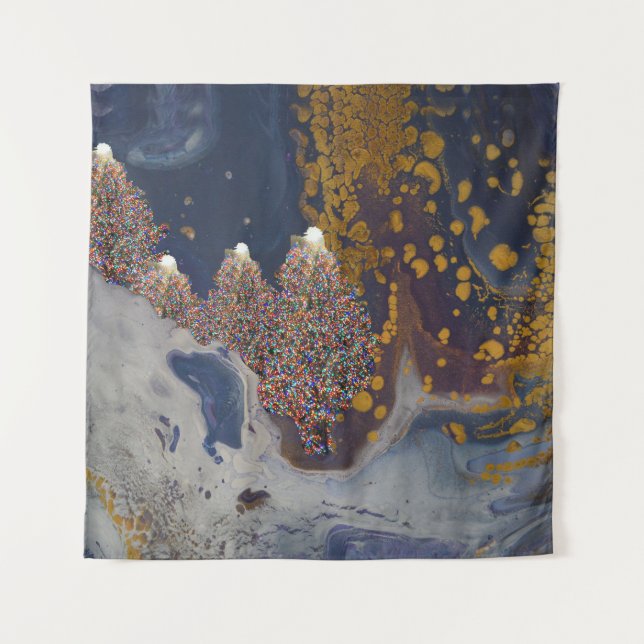 Winter Scene with Lit Trees Merry Christmas Tapestry (Front)