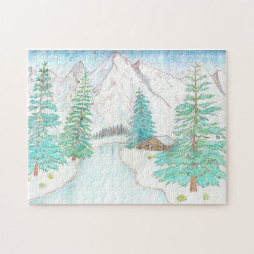 Winter Scene With Mountains  Jigsaw Puzzle