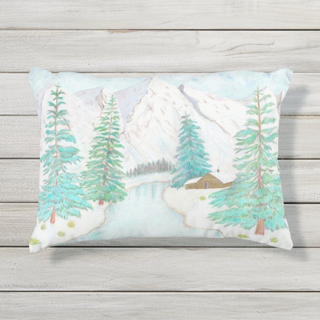 Winter Scene With Mountains Outdoor Pillow (Front)