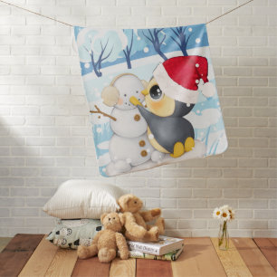 Winter Scene With Penguin And Snowman Baby Blanket