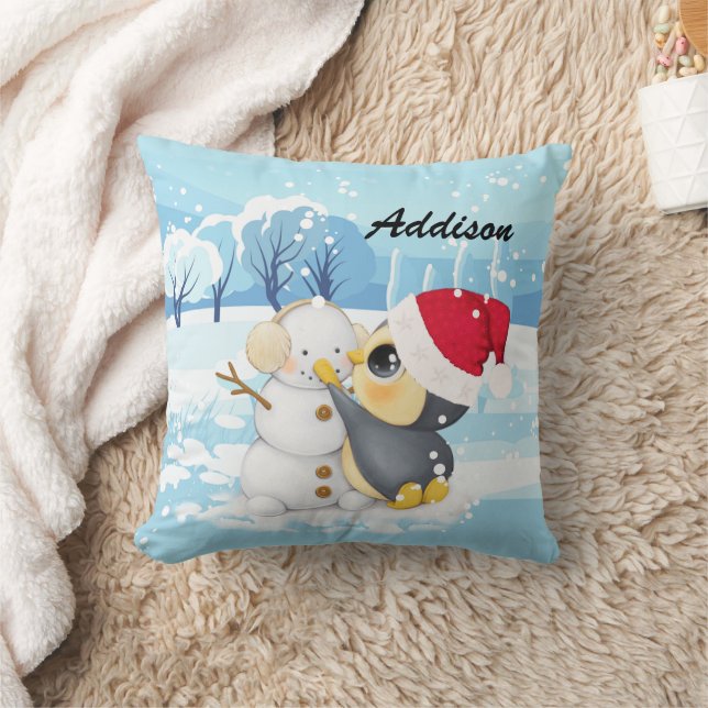 Winter Scene With Penguin And Snowman Throw Pillow (Blanket)