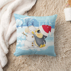 Winter Scene With Penguin And Snowman Throw Pillow