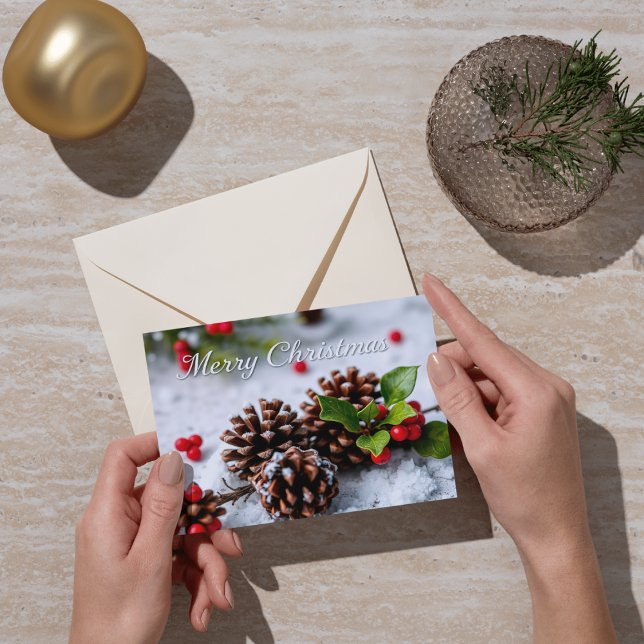 Winter Scene with Pine Cones Merry Christmas  Card (Creator Uploaded)