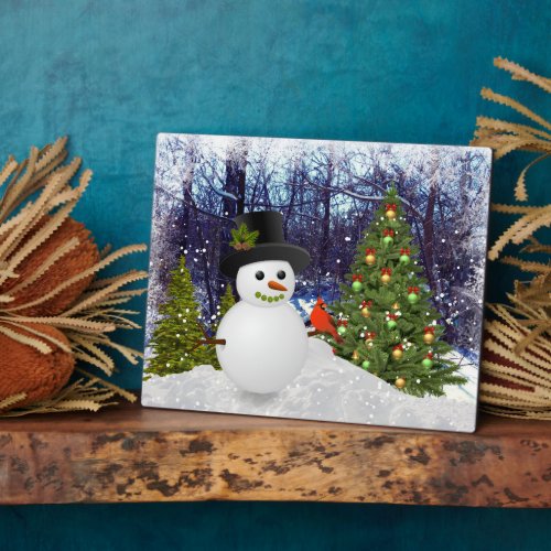 Winter Scene with Snowman and Bird  Plaque
