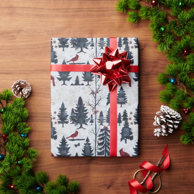  Winter Scene With Trees, Red Birds And Snow Wrapping Paper (Holiday Gift)