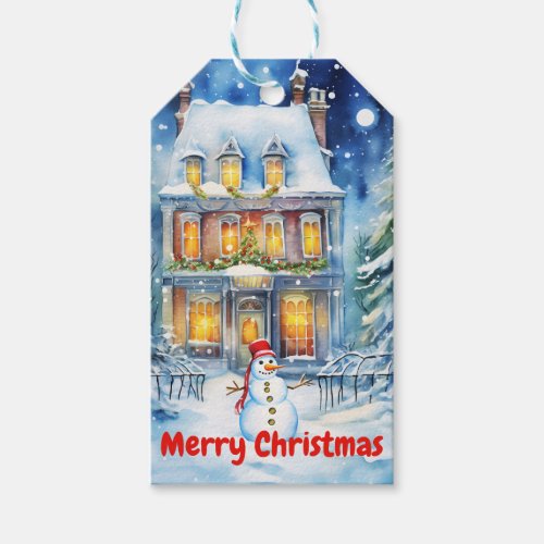 Winter Scenery Christmas House and Snowman Gift Tags