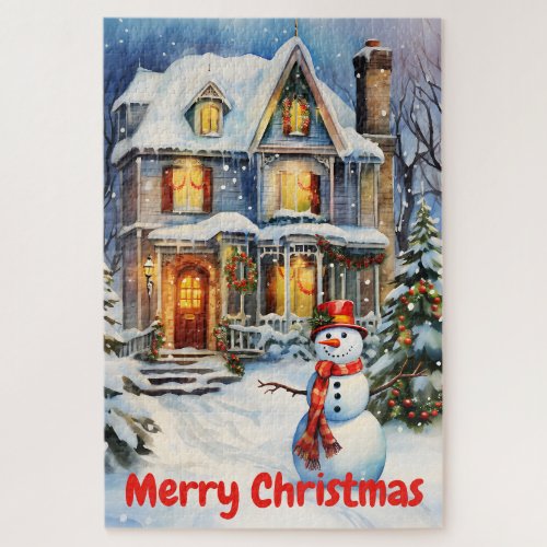 Winter Scenery Christmas House and Snowman Jigsaw Puzzle