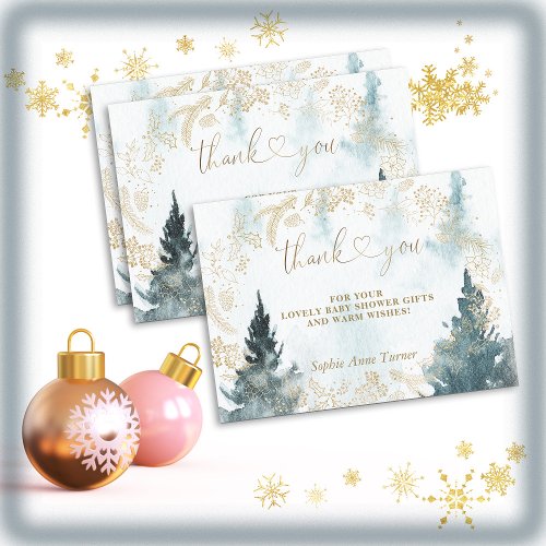 Winter Scenery Gold Baby Shower Calligraphy  Thank You Card