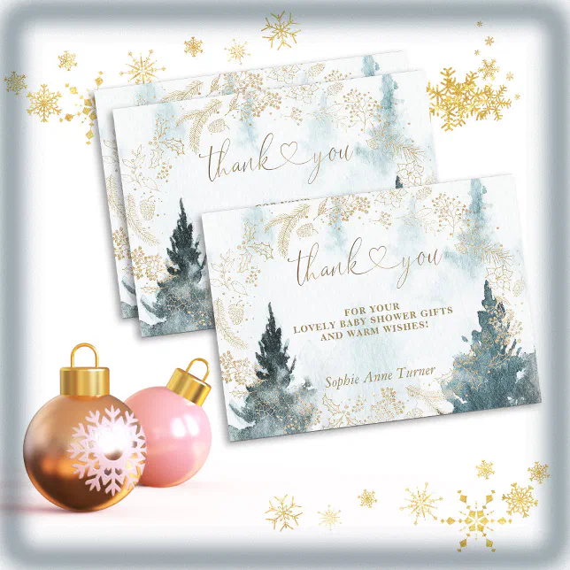Winter Scenery Gold Baby Shower Calligraphy Thank You Card | Zazzle