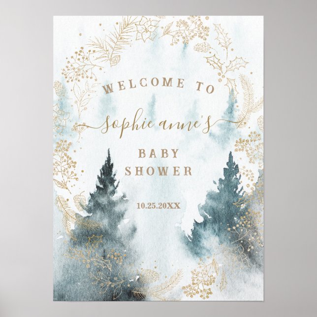 Winter Scenery Gold Baby Shower Welcome Sign (Front)