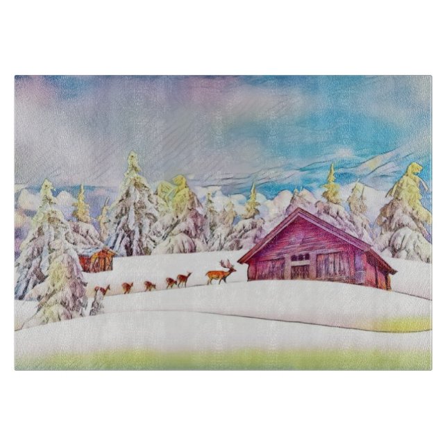 Winter Scenery Reindeer and Log Cabin Watercolor  Cutting Board (Front)