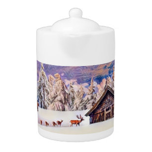 Winter Scenery Reindeer and Log Cabin Watercolor Teapot
