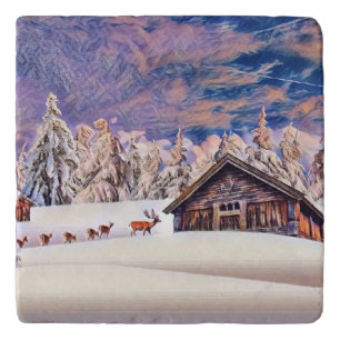 Winter Scenery Reindeer and Log Cabin Watercolor Trivet