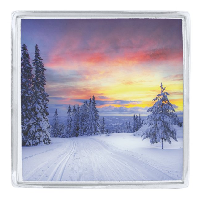 Winter scenery  silver finish lapel pin (Front)