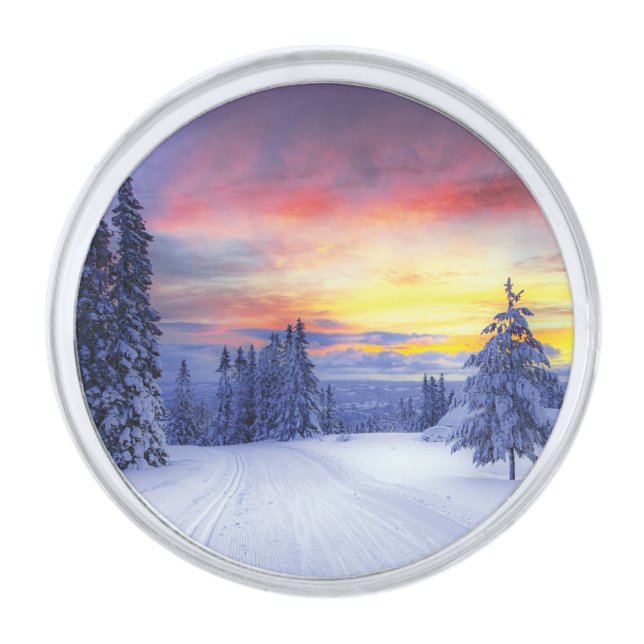 Winter scenery   silver finish lapel pin (Front)