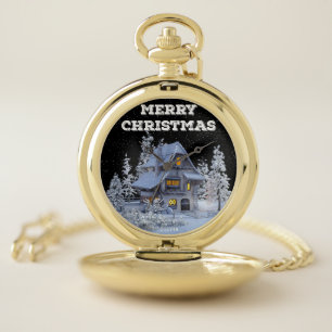 Winter Scenery Snowy House Merry Christmas Holiday Pocket Watch