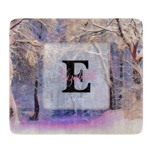 Winter scenery with snowed trees watercolor cutting board