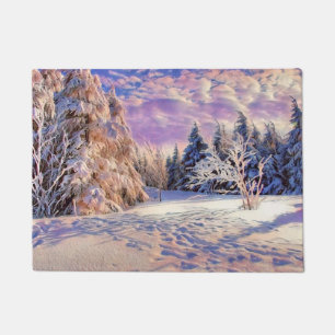 Winter scenery with snowed trees watercolor doormat