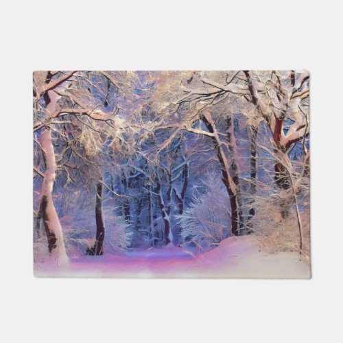 Winter scenery with snowed trees watercolor  doormat