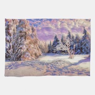 Winter scenery with snowed trees watercolor  kitchen towel