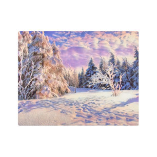 Winter scenery with snowed trees watercolor  metal print
