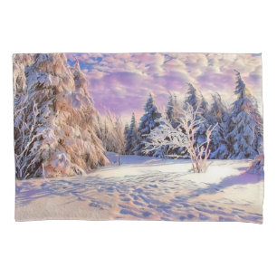 Winter scenery with snowed trees watercolor  pillow case