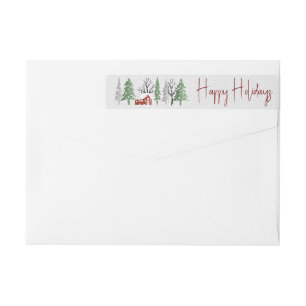 Winter scenery with trees and red house Christmas Wrap Around Label