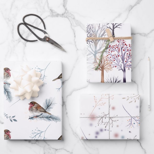 Winter Scenes Birds Trees Branches Snow Christmas Wrapping Paper Sheets (Front)
