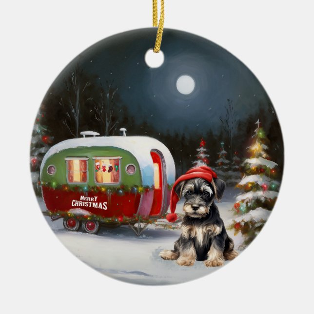 Winter Schnauzer Caravan Christmas Adventure Ceramic Ornament (Front)