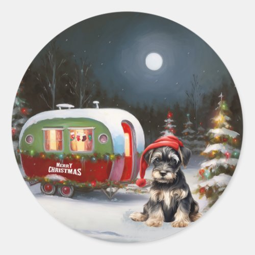 Winter Schnauzer Caravan Christmas Adventure Classic Round Sticker