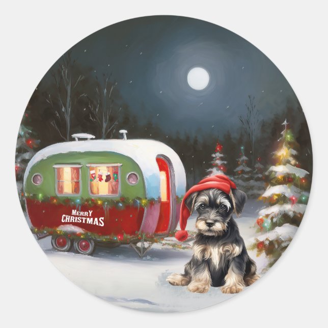 Winter Schnauzer Caravan Christmas Adventure Classic Round Sticker (Front)