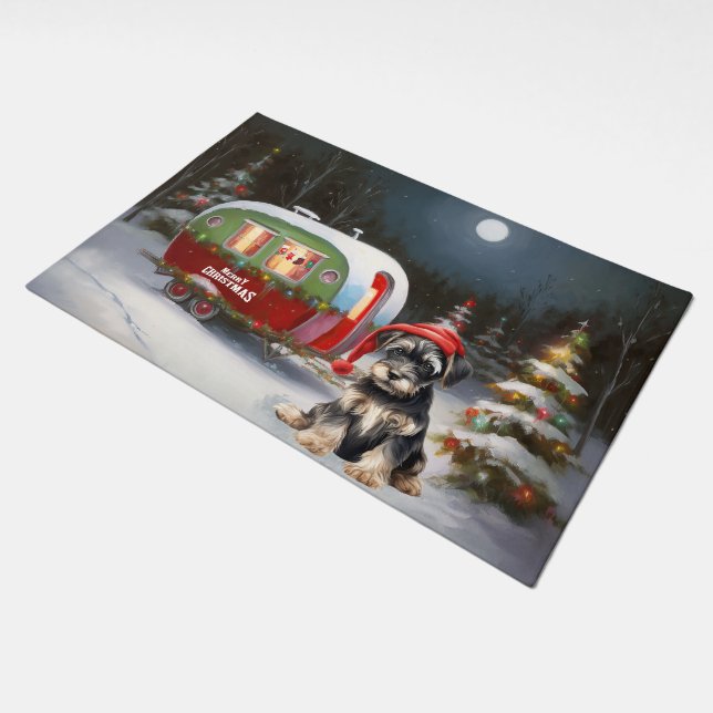 Winter Schnauzer Caravan Christmas Adventure Doormat (Angled)