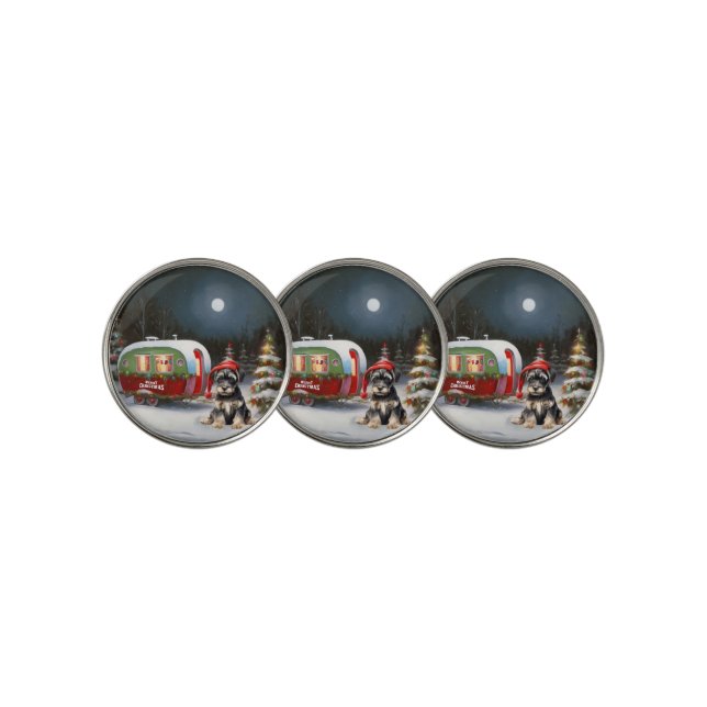 Winter Schnauzer Caravan Christmas Adventure Golf Ball Marker (3 Up)