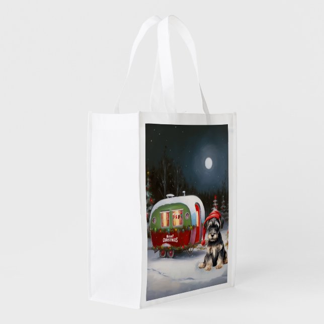 Winter Schnauzer Caravan Christmas Adventure Grocery Bag (Back Side)