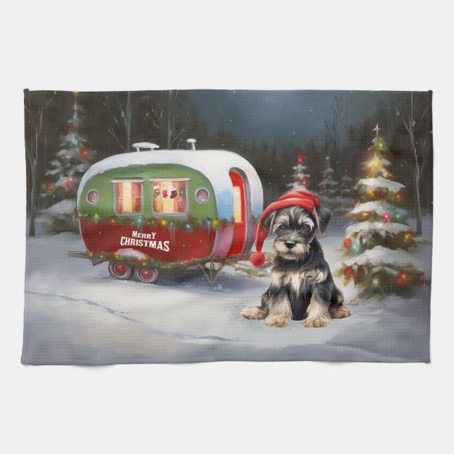 Winter Schnauzer Caravan Christmas Adventure Kitchen Towel (Horizontal)