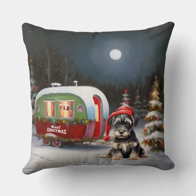 Winter Schnauzer Caravan Christmas Adventure Throw Pillow (Back)