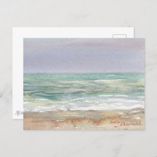 Winter sea landscape. Watercolor art Postcard