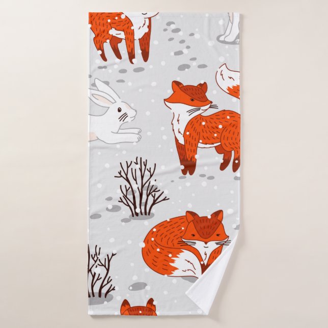 Winter seamless pattern with cute foxes and bunny. bath towel (Bath Towel)