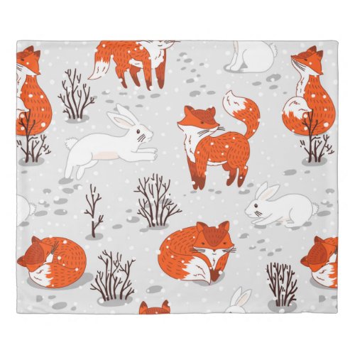 Winter seamless pattern with cute foxes and bunny duvet cover