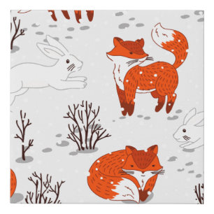 Winter seamless pattern with cute foxes and bunny. faux canvas print