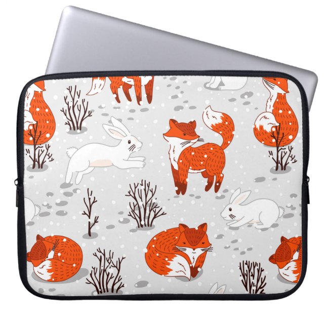 Winter seamless pattern with cute foxes and bunny. laptop sleeve (Front)